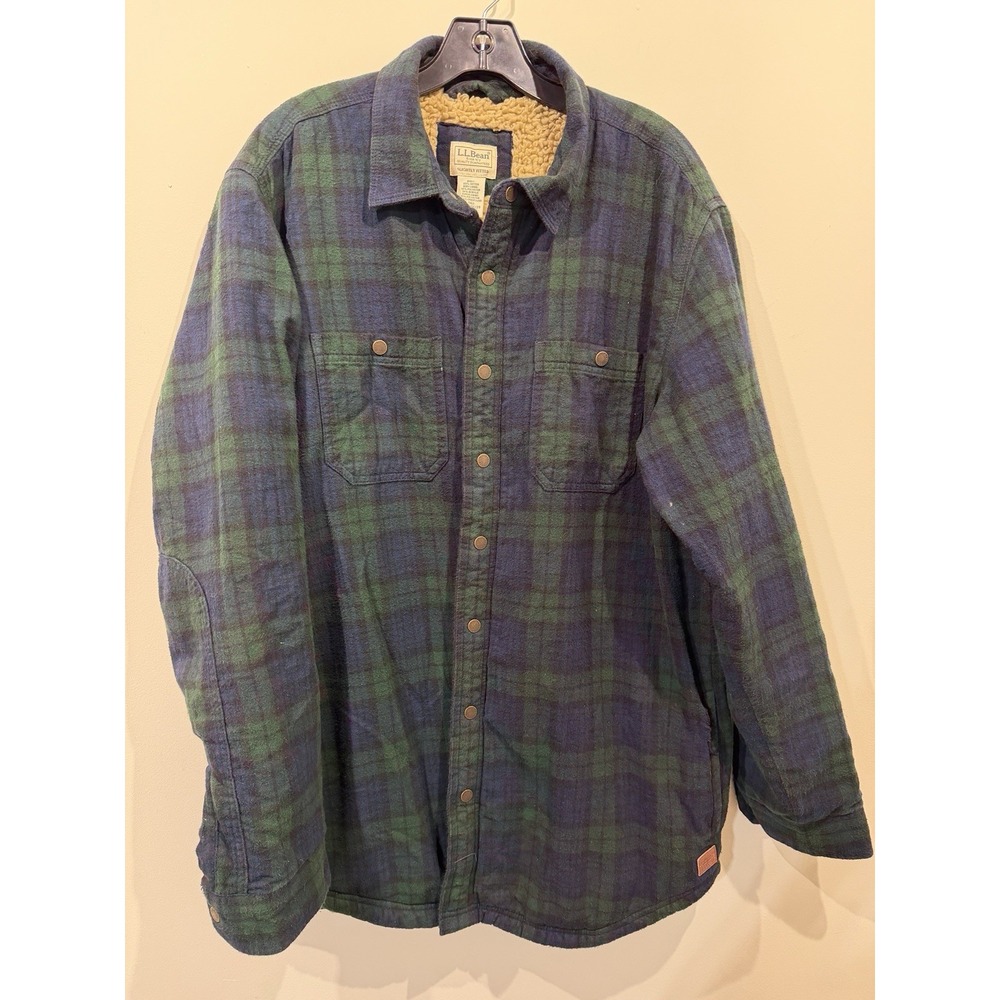 LL Bean Green Blue Plaid Sherpa Fleece Flannel Button Up Shirt LT